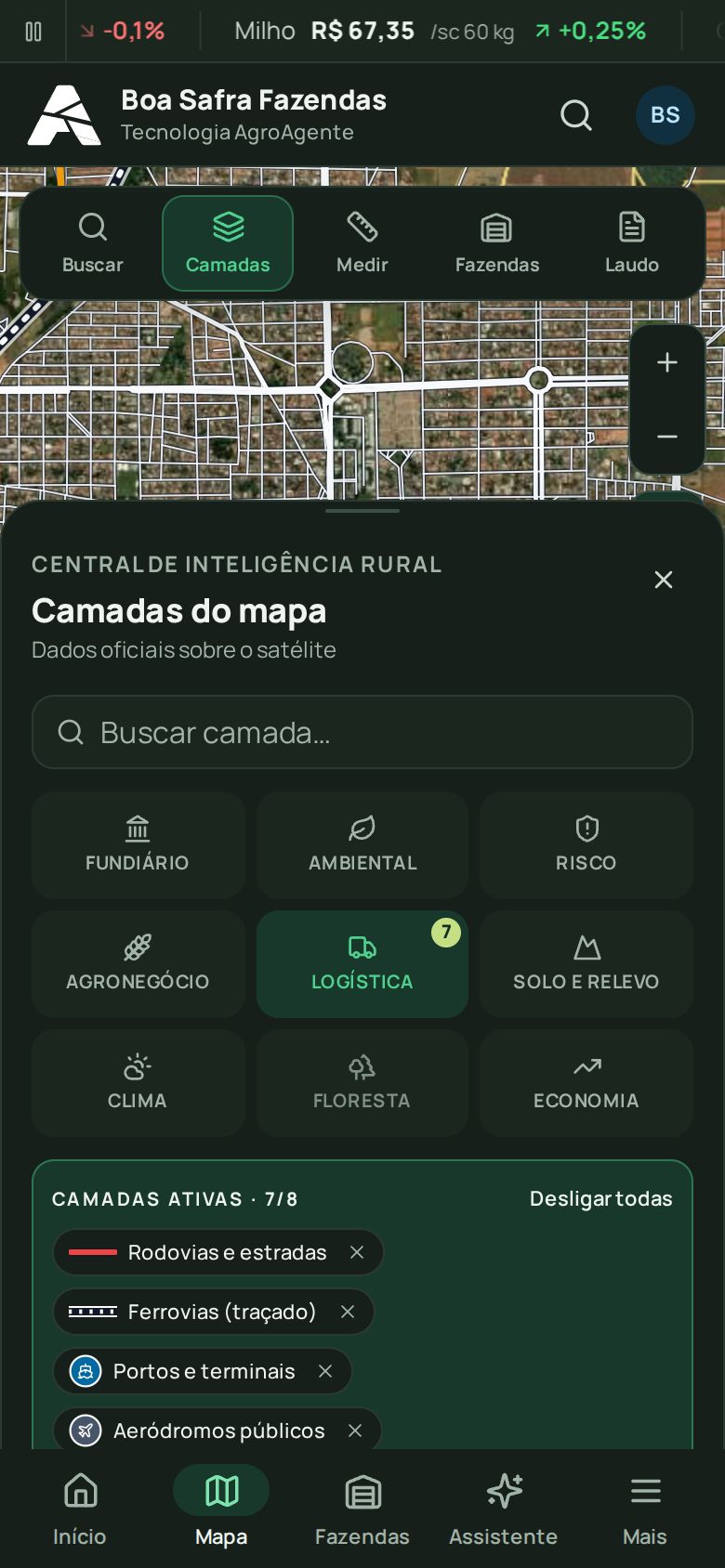 Painel de camadas do AgroAgente no celular